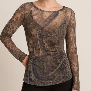 Womens Karen Kane Long Sleeve Top XL Brown Blue Paisley Leopard Print Sheer Glam